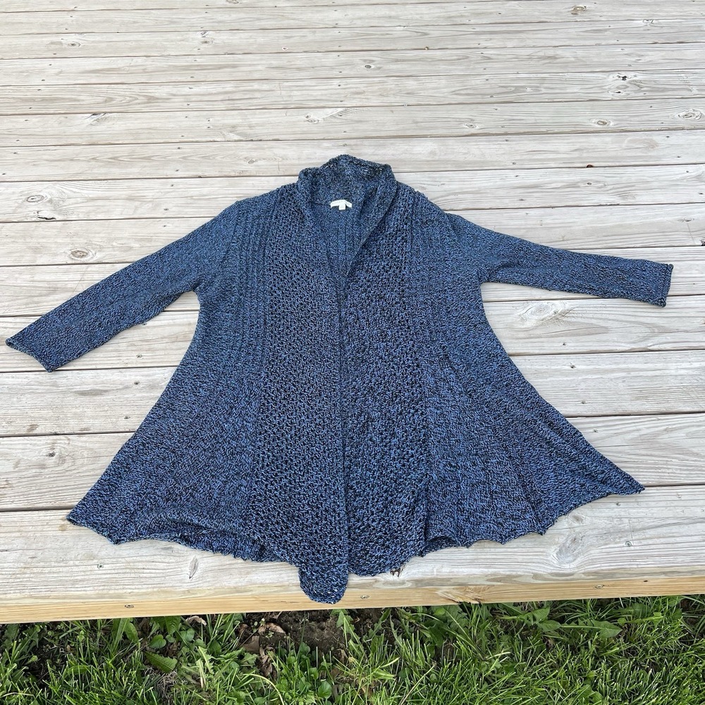 Notations petite blue women's long sleeve sweater, size 2xpeplum and shawl lapal